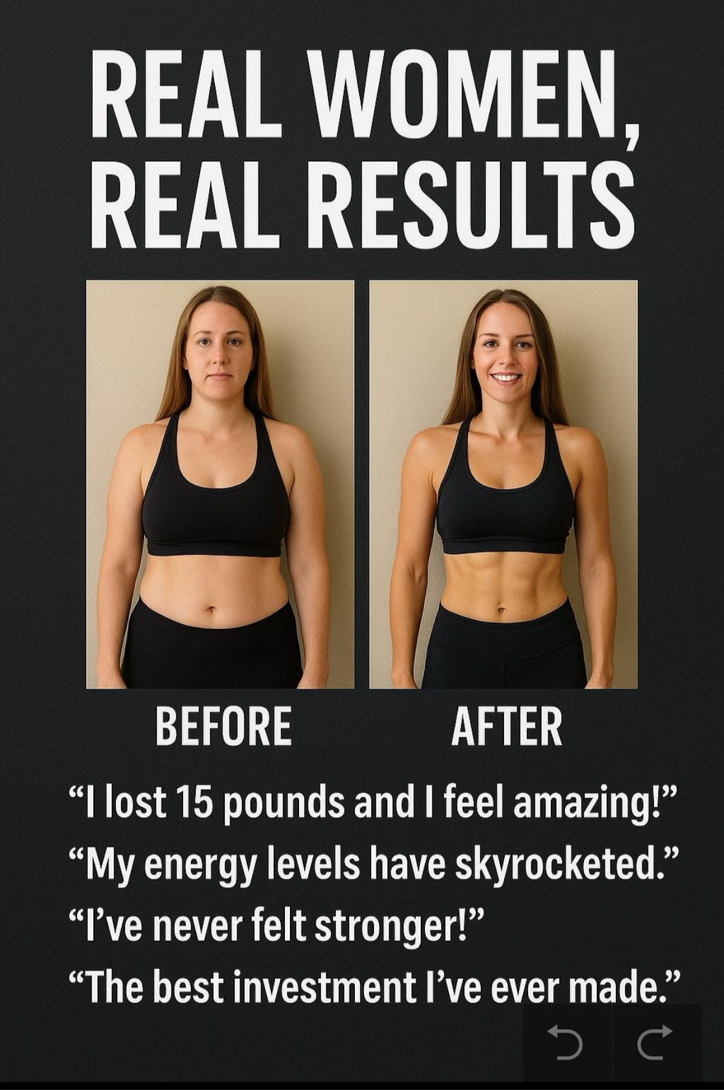 Results showing a woman losing 15 lbs after completing the 12 week fat loss workout and meal plan