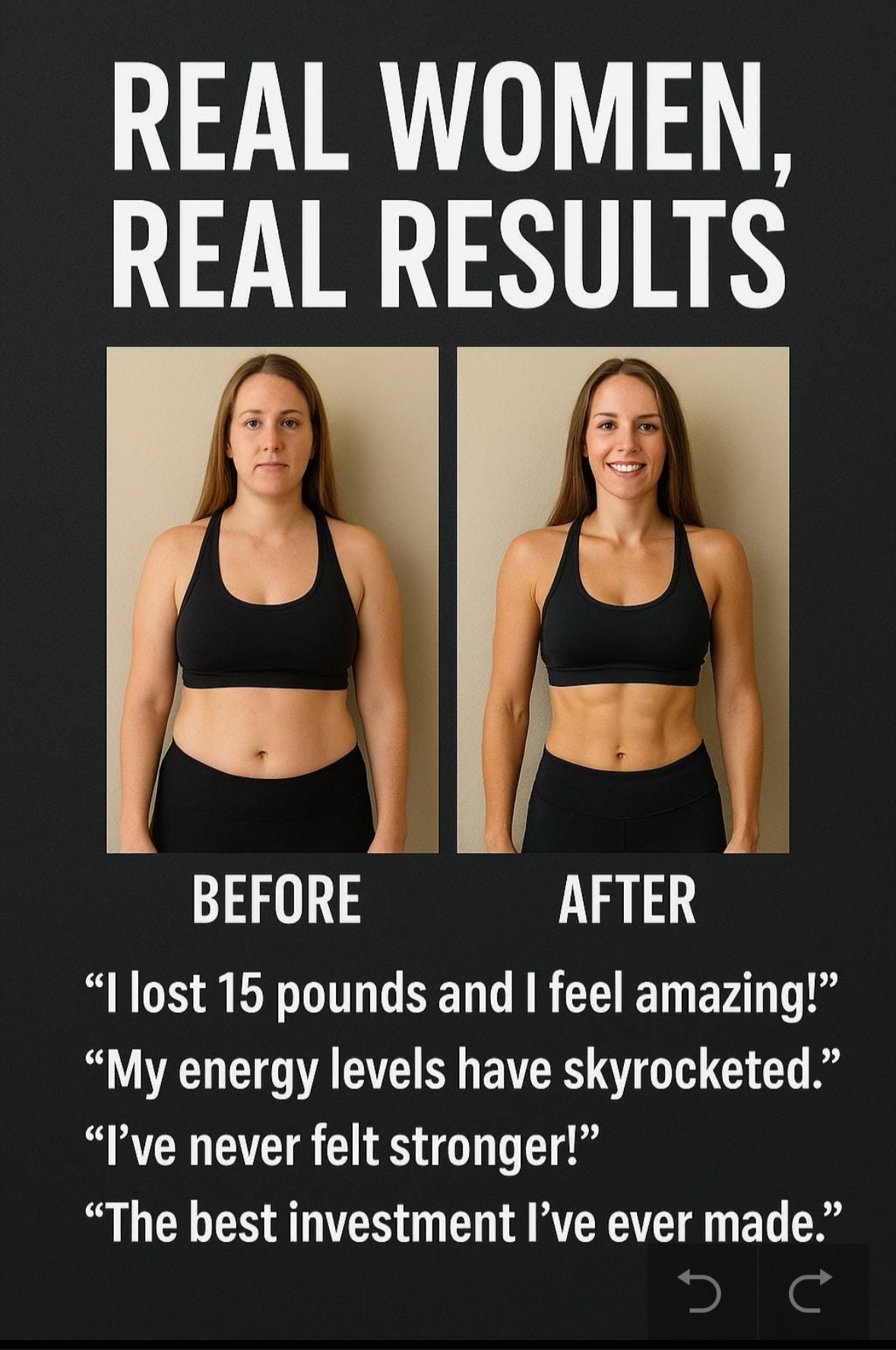 Results showing a woman losing 15 lbs after completing the 12 week fat loss workout and meal plan